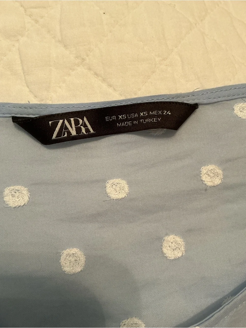 Zara Light Blue Embroidered Polka Dot Puff-Sleeve Top